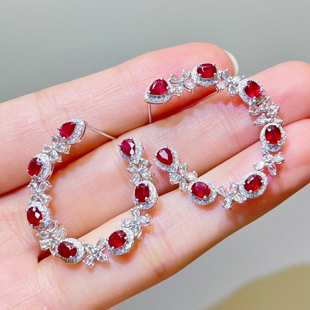 14k Gold 5.07 Ctw Vivid Red Natural Ruby & Sapphire Earrings - 3