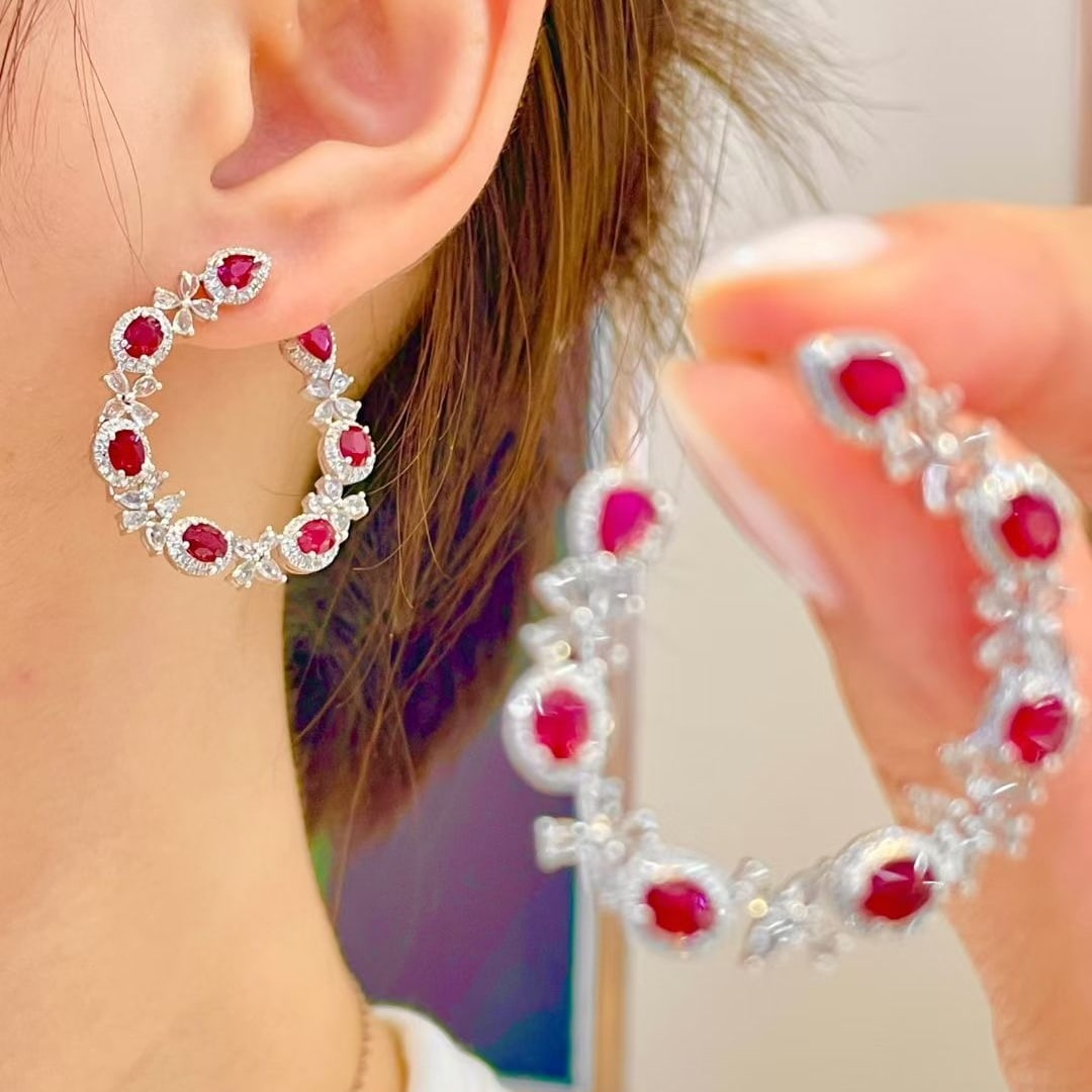 14k Gold 5.07 Ctw Vivid Red Natural Ruby & Sapphire Earrings - 4