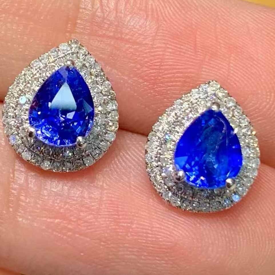 14k Gold 1.9 Ct Natural Sapphire & Diamond Earrings - 2