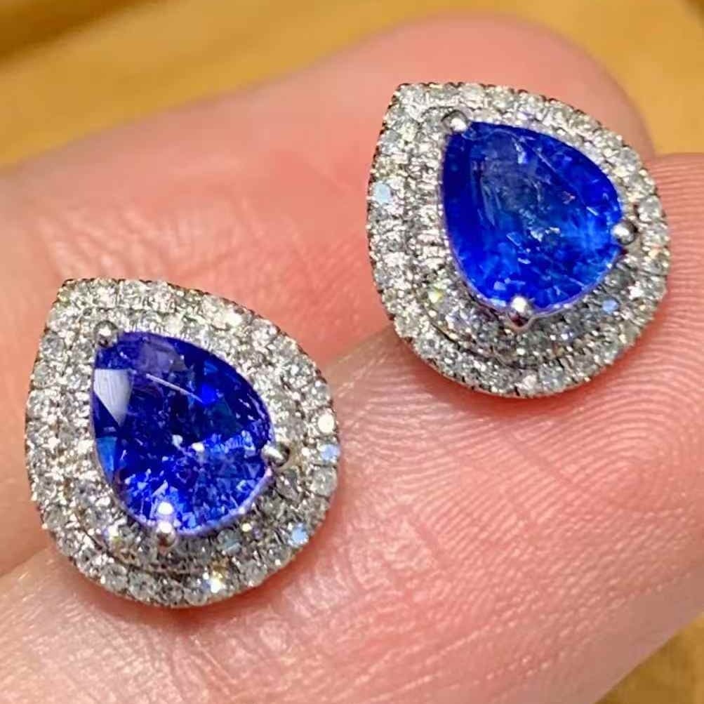 14k Gold 1.9 Ct Natural Sapphire & Diamond Earrings - 3
