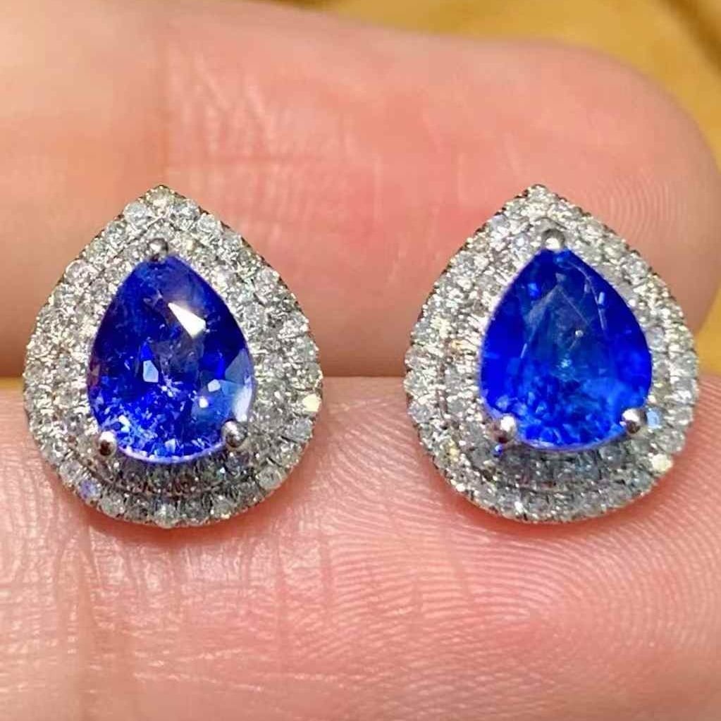14k Gold 1.9 Ct Natural Sapphire & Diamond Earrings - 4