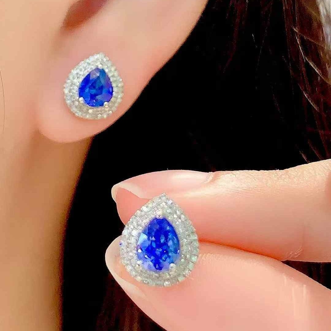 14k Gold 1.9 Ct Natural Sapphire & Diamond Earrings - 5