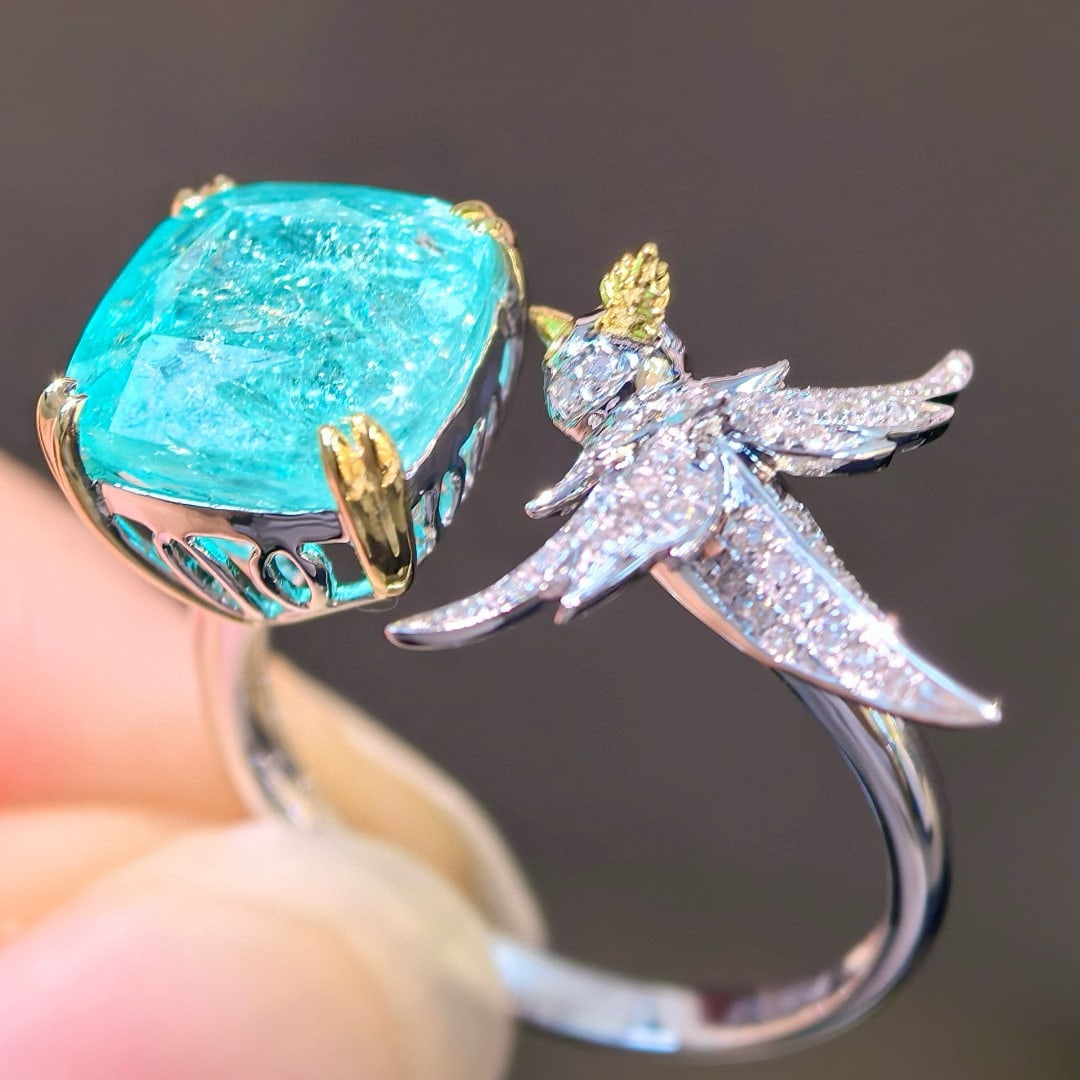 14k Gold 4.99 Ctw Natural Paraiba Tourmaline & Diamond Ring - 2