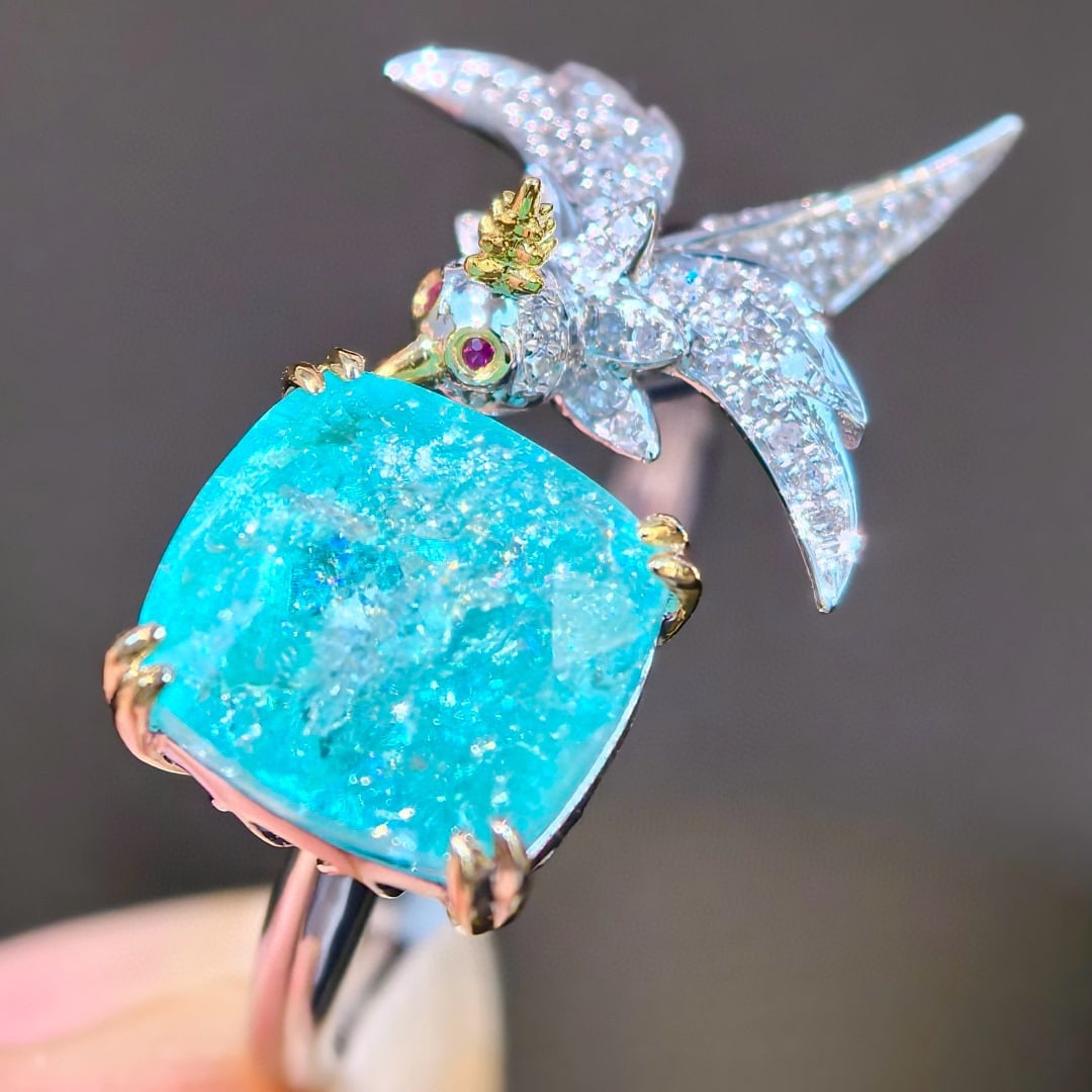 14k Gold 4.99 Ctw Natural Paraiba Tourmaline & Diamond Ring - 3