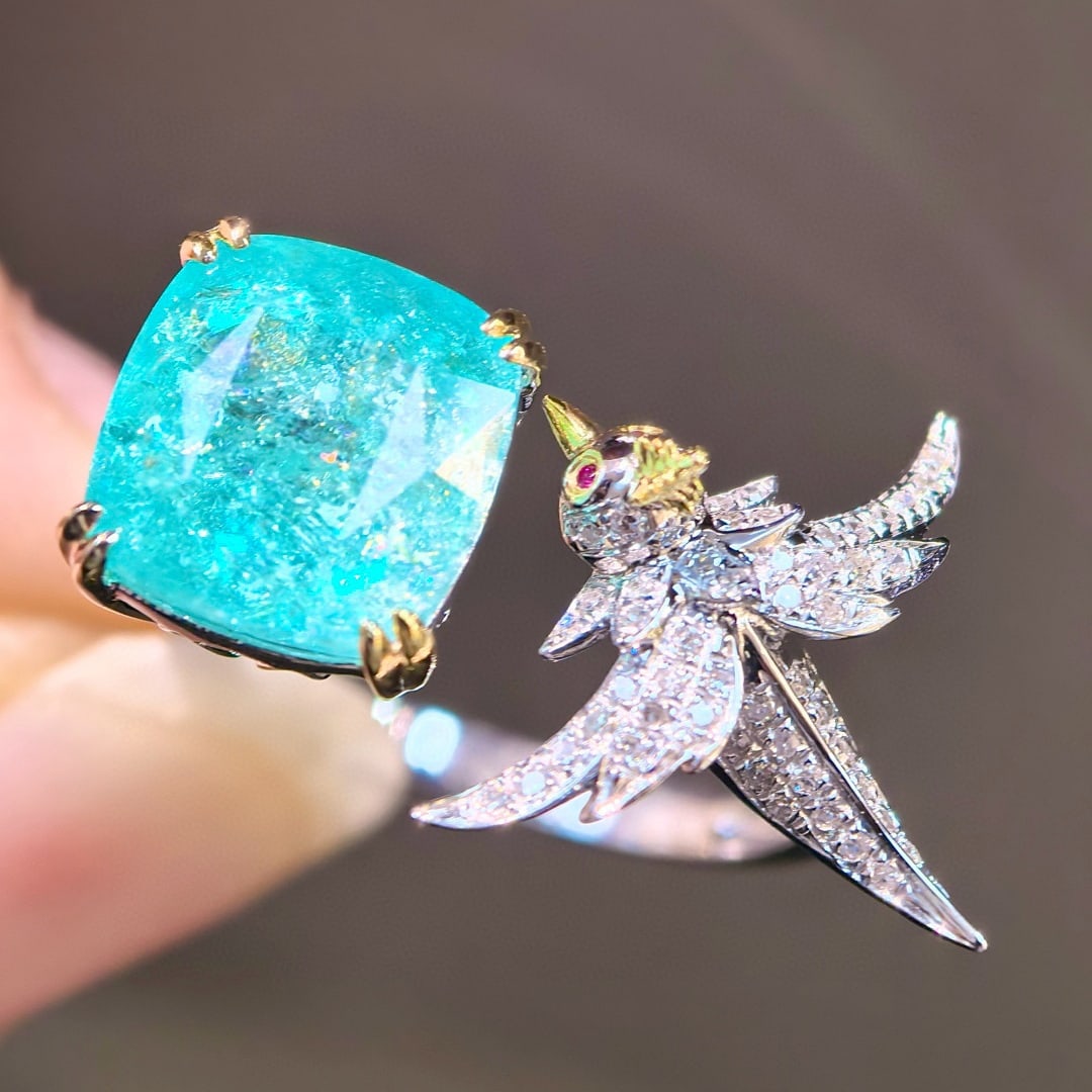 14k Gold 4.99 Ctw Natural Paraiba Tourmaline & Diamond Ring - 4
