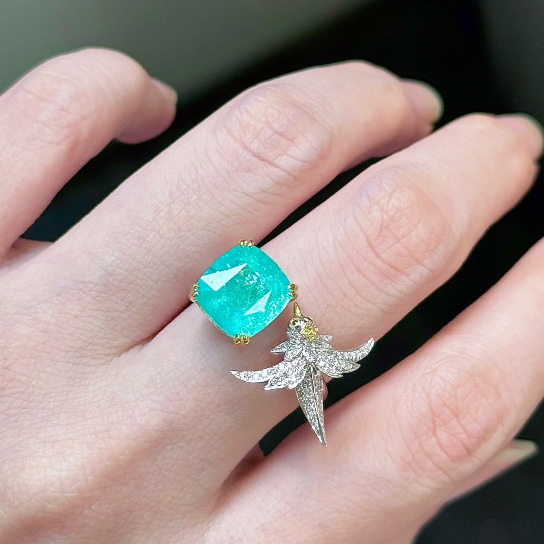 14k Gold 4.99 Ctw Natural Paraiba Tourmaline & Diamond Ring - 6