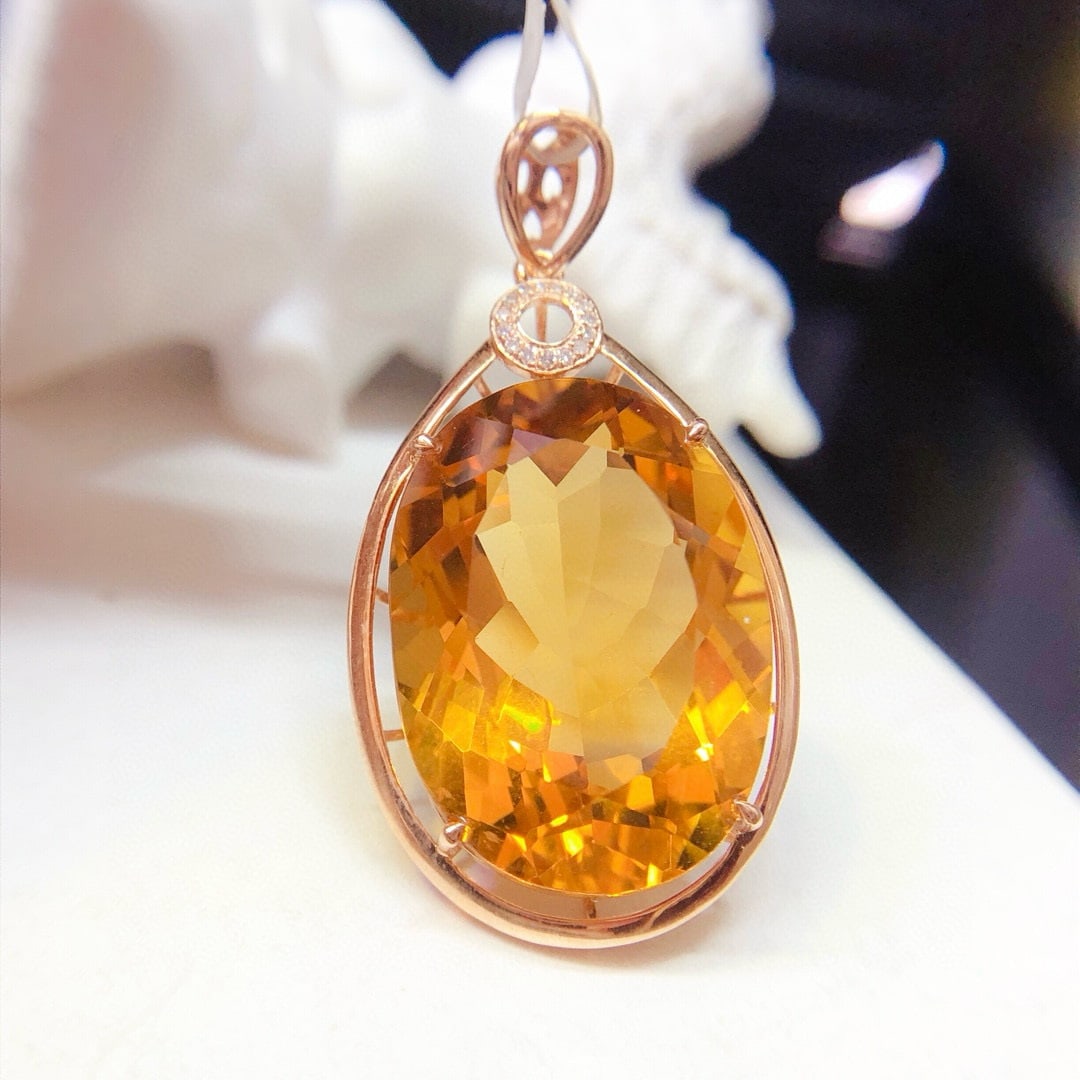 14k Gold 21.45 Ct Natural Citrine & Diamond Pendant( Without Chain ) - 2