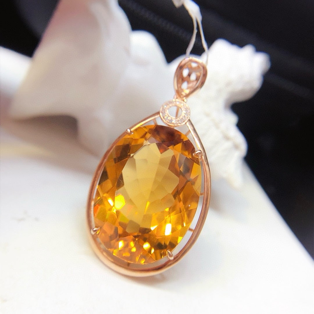 14k Gold 21.45 Ct Natural Citrine & Diamond Pendant( Without Chain ) - 3