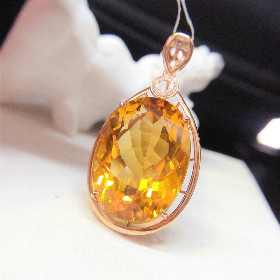 14k Gold 21.45 Ct Natural Citrine & Diamond Pendant( Without Chain ) - 4