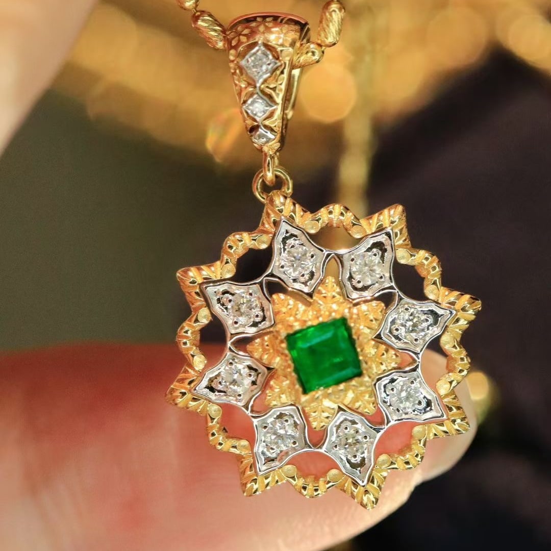 14k Gold 0.33 Ctw Vivid Green Natural Emerald & Diamond Pendant( Without Chain ) - 3