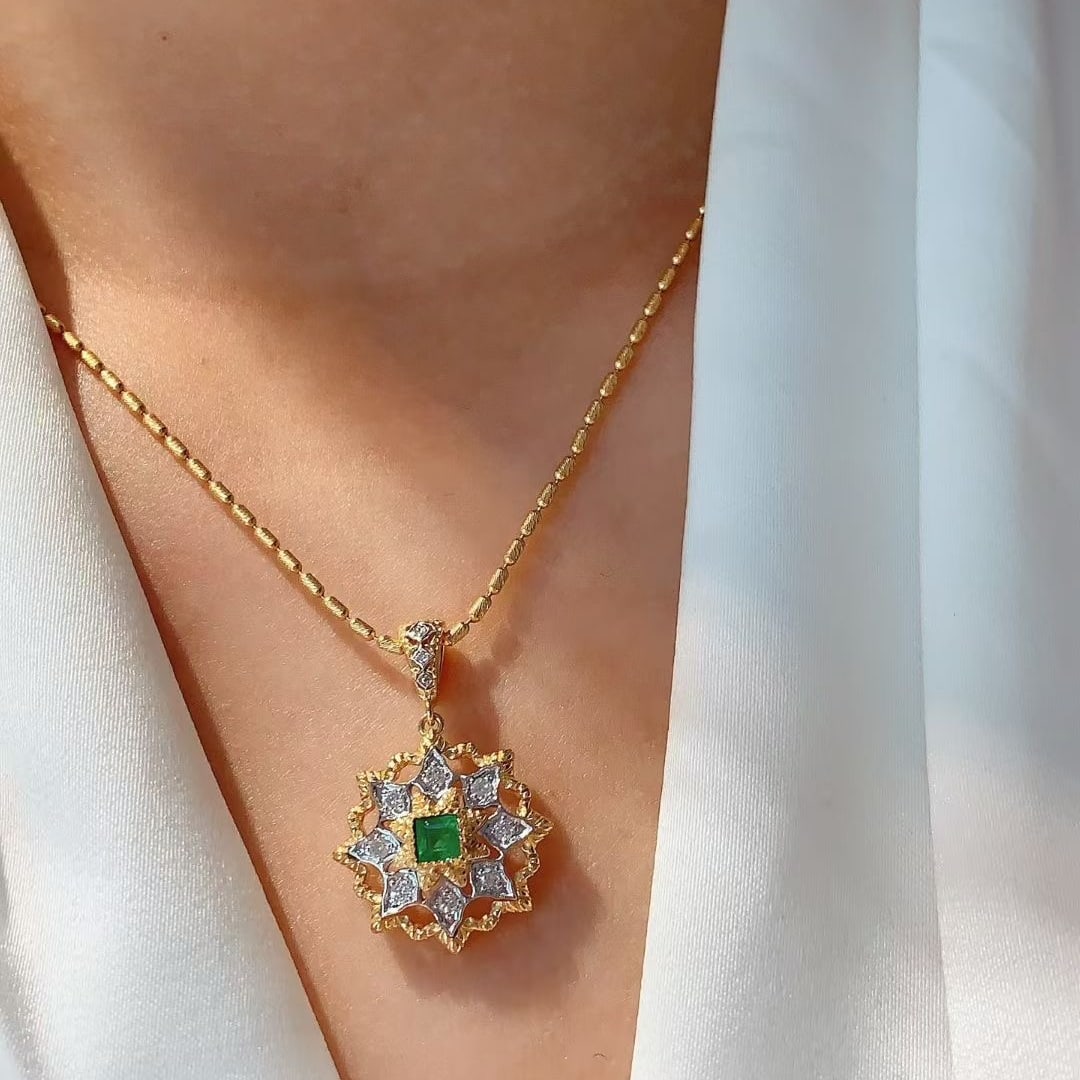 14k Gold 0.33 Ctw Vivid Green Natural Emerald & Diamond Pendant( Without Chain ) - 4