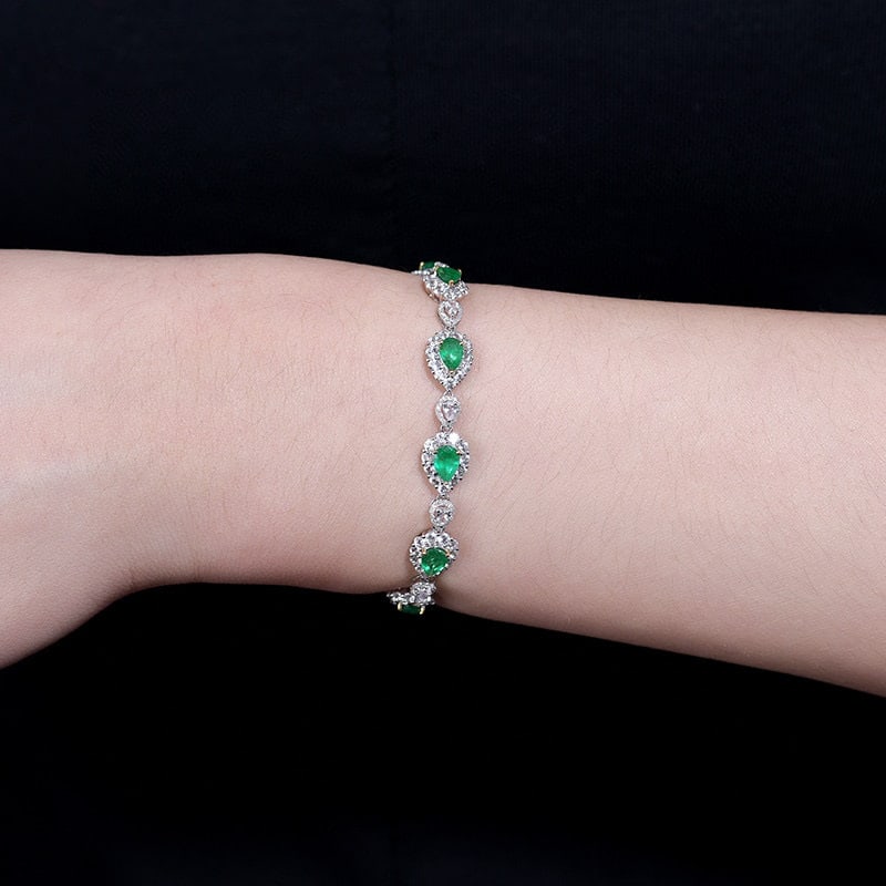 14k Gold 3.19 Ctw Vivid Green Natural Emerald & Diamond Bracelet - 6
