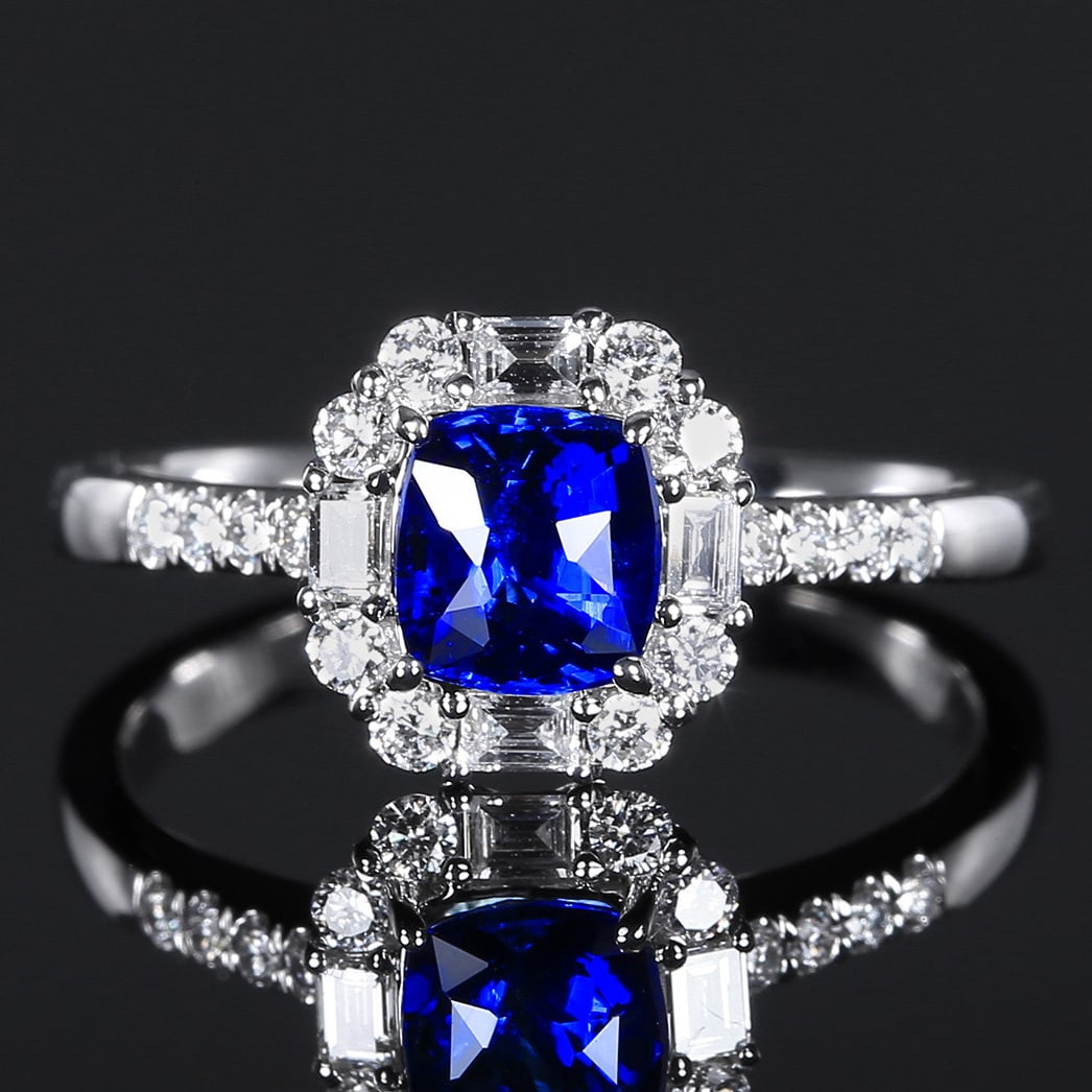 14k Gold 1.37 Ctw Natural Sapphire & Diamond Ring: Ref:231070018 // gold content:14k gold // ring size:7. 25us // // main gemstone:sapphire // shape:cushion // carat weight:1. 01ct // color:royal blue // treatment:natural // // adjacent gemstone 2 :