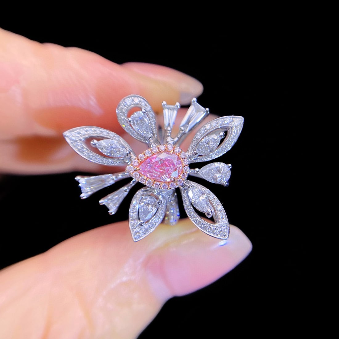 Gia Certified 14k Gold 1.76 Ctw Natural Pink Diamond & Diamond Ring: Ref:231070046 // gold content:14k gold // ring size:7. 25us // // main gemstone:pink diamond // certified:gia // shape:pear // carat weight:0. 43ct // clarity grade:vs2 // color:pink //