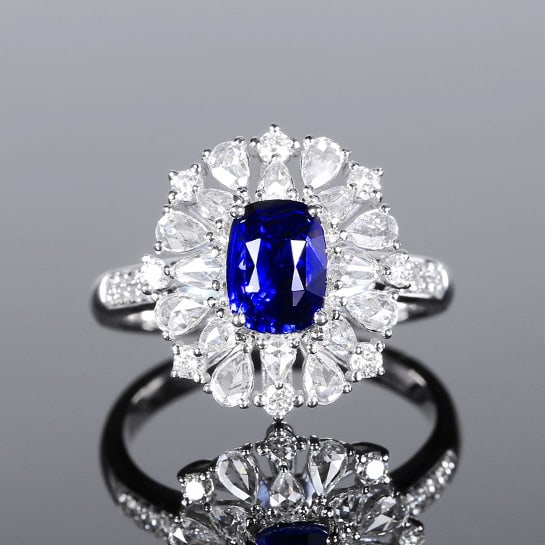 14k Gold 2.73 Ctw Natural Sapphire & Diamond Ring: Ref:231070077 // gold content:14k gold // ring size:7. 25us // // main gemstone:sapphire // shape:cushion // carat weight:2. 03ct // color:royal blue // treatment:natural // // adjacent gemstone 2 : d