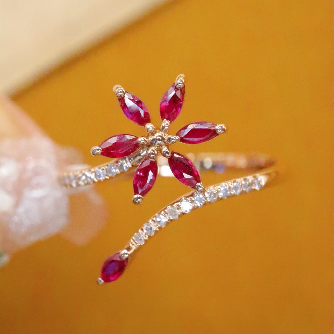 14k Gold 0.34 Ctw Natural Ruby & Diamond Ring: Ref:231070131 // gold content:14k gold // ring size:7. 25us // // main gemstone:ruby // shape:marquise // carat weight:0. 28ct // color:red // treatment:natural // // adjacent gemstone 2 : diamond //