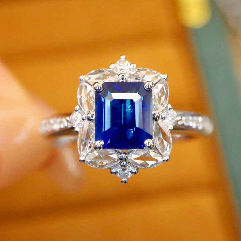 14k Gold 1.59 Ctw Natural Sapphire & Diamond Ring: Ref:231070138 // gold content:14k gold // ring size:7. 25us // // main gemstone:sapphire // shape:octagonal // carat weight:1. 20ct // color:royal blue // treatment:natural // // adjacent gemstone 2