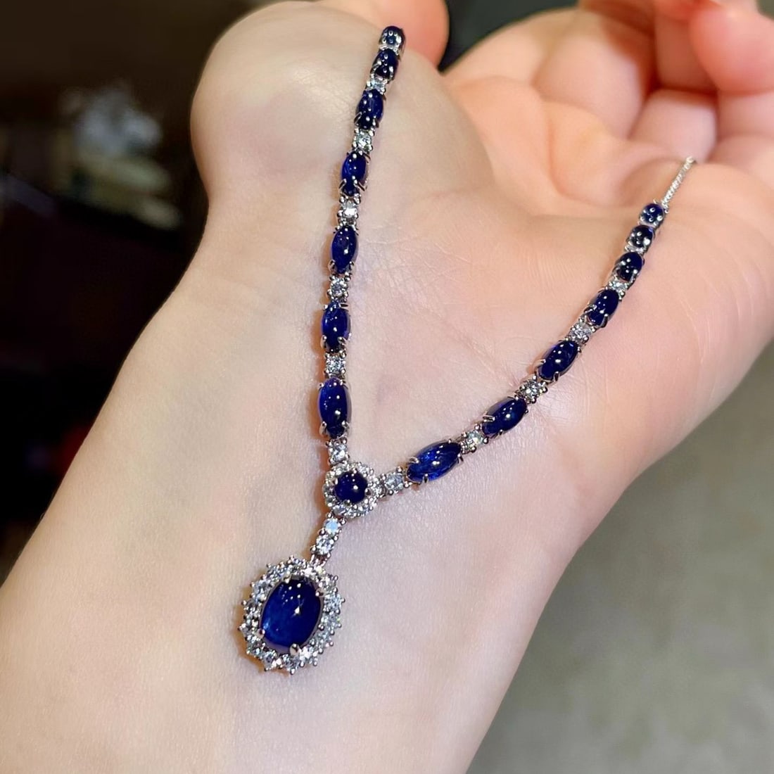 14k Gold 9.79 Ctw Natural Sapphire & Diamond Necklace - 2