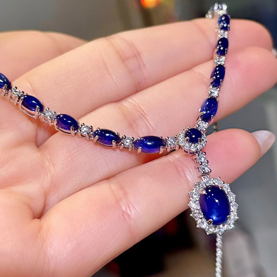 14k Gold 9.79 Ctw Natural Sapphire & Diamond Necklace - 3