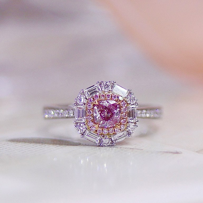 Gia Certified 14k Gold 0.95 Ctw Natural Pink Diamond & Diamond Ring: Ref:231070178 // gold content:14k gold // ring size:7. 25us // // main gemstone:pink diamond // certified:gia // shape:cushion // carat weight:0. 41ct // clarity grade:si1 // color:pink //