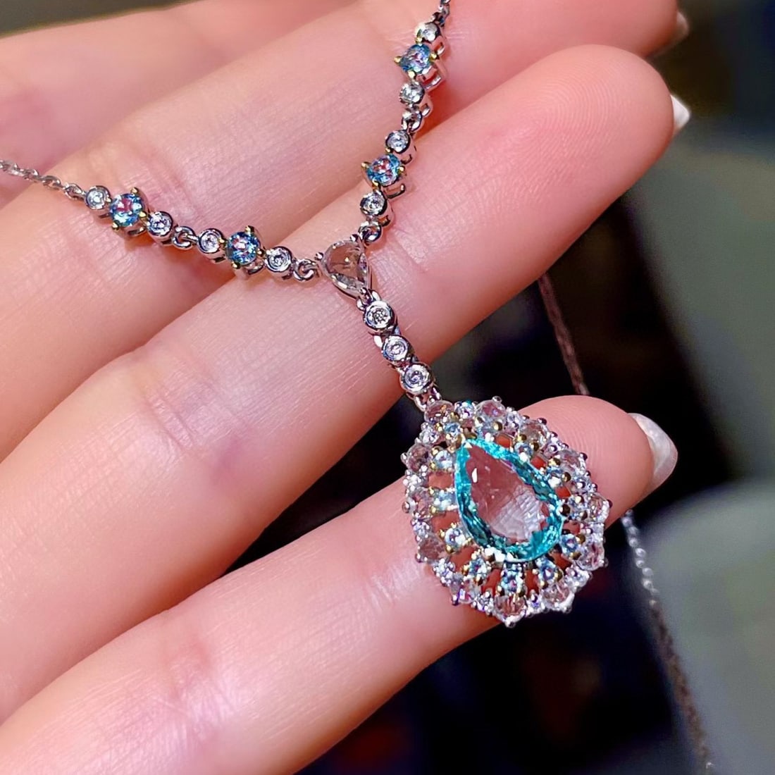 14k Gold 1.95 Ctw Natural Paraiba Tourmaline & Diamond Necklace - 2