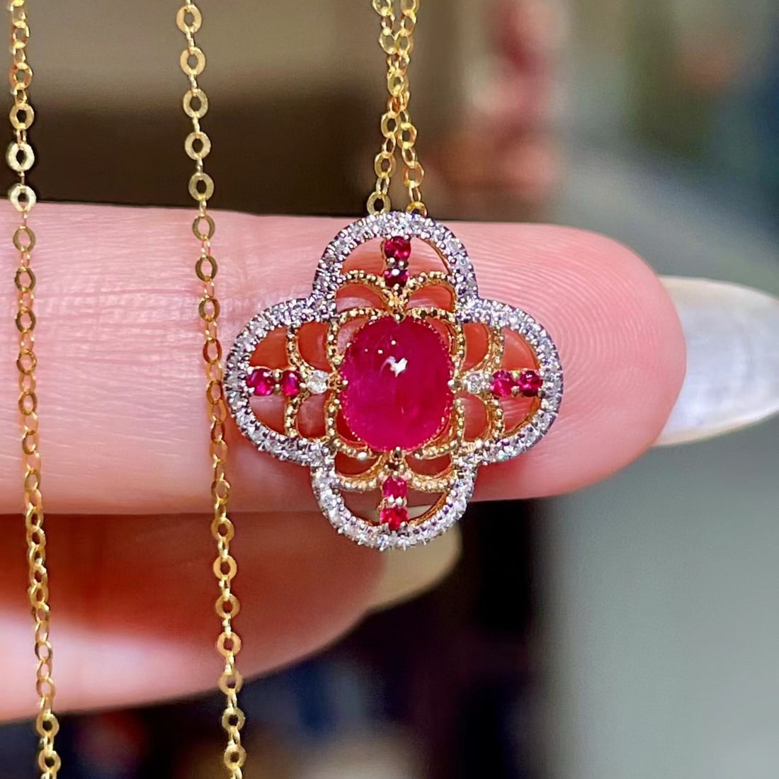 14k Gold 0.95 Ctw Natural Ruby & Diamond Pendant( Without Chain ): Ref:231070181 // gold content:14k gold // main gemstone:ruby // shape:oval // carat weight:0. 80ct // color:red // treatment:natural // // adjacent gemstone 2 : diamond // shape:round // carat