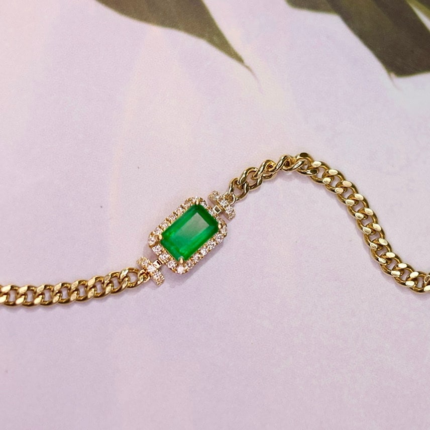 14k Gold 1.23 Ct Vivid Green Natural Emerald & Diamond Bracelet - 2