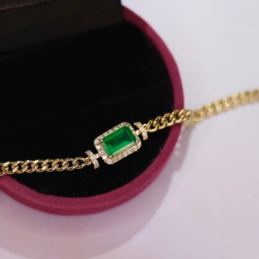 14k Gold 1.23 Ct Vivid Green Natural Emerald & Diamond Bracelet - 4