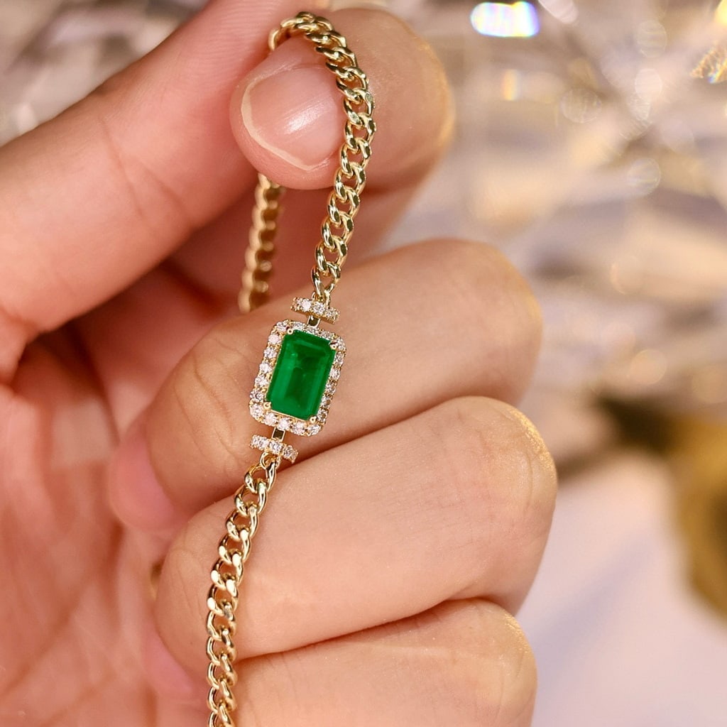 14k Gold 1.23 Ct Vivid Green Natural Emerald & Diamond Bracelet - 5