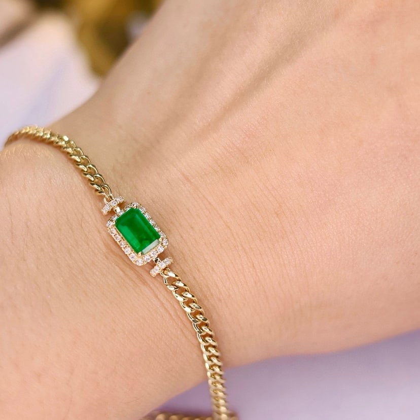 14k Gold 1.23 Ct Vivid Green Natural Emerald & Diamond Bracelet - 6