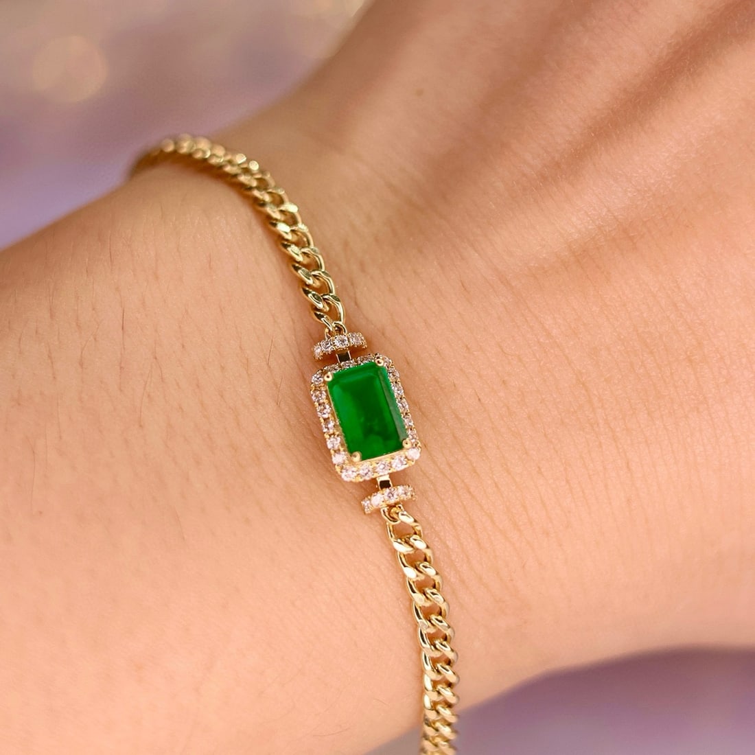 14k Gold 1.23 Ct Vivid Green Natural Emerald & Diamond Bracelet - 7