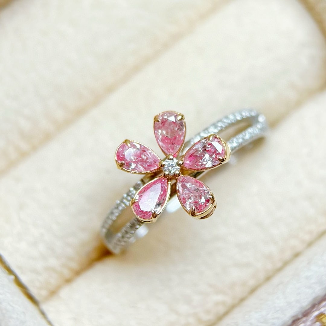14k Gold 0.64 Ctw Natural Pink Diamond & Diamond Ring: Ref:231070186 // gold content:14k gold // ring size:7. 25us // // main gemstone:pink diamond // shape:pear // carat weight:0. 50ct // color:pink // treatment:natural // // adjacent gemstone 2 :