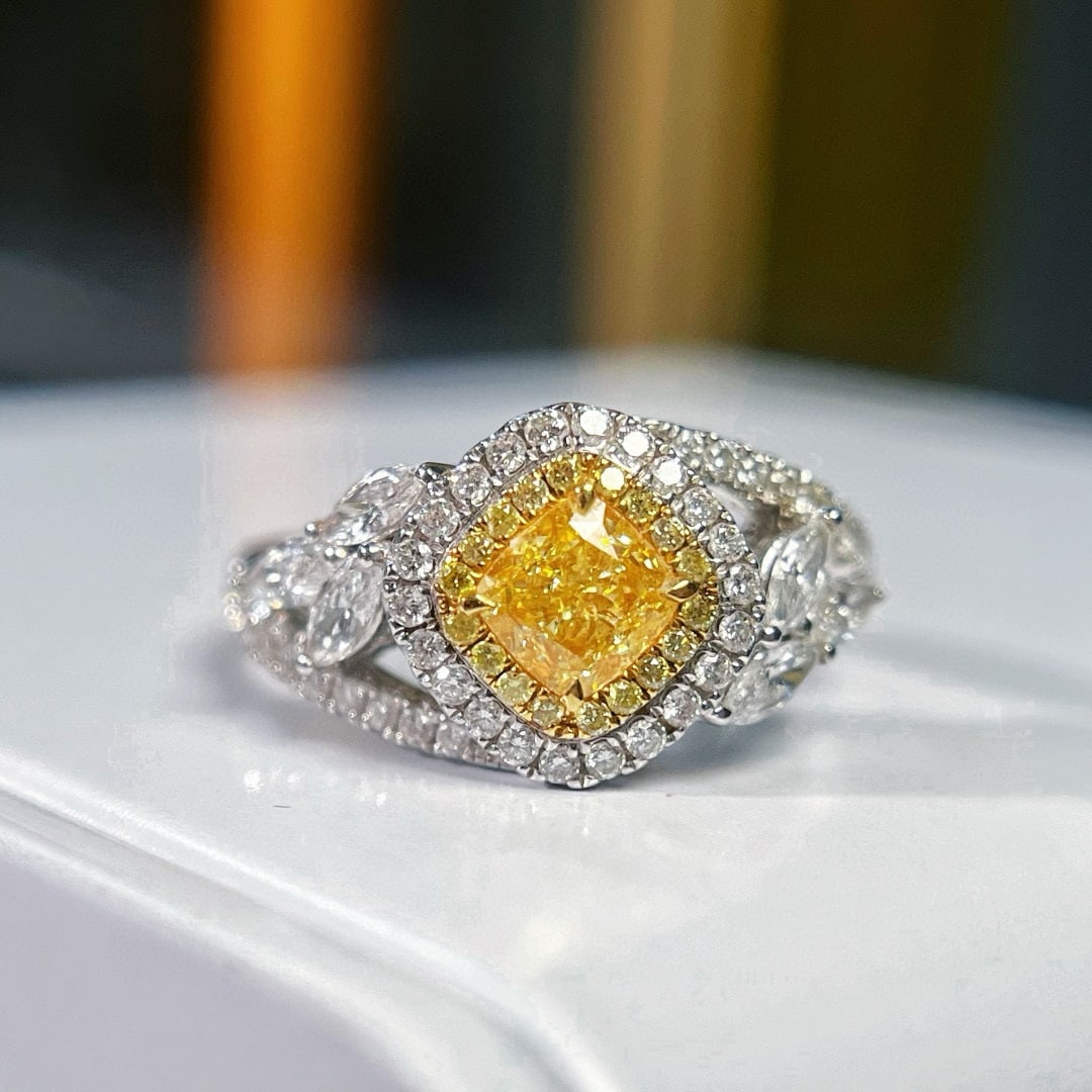 Gia Certified 14k Gold 1.20 Ctw Natural Yellow Diamond & Diamond Ring: Ref:231070187 // gold content:14k gold // ring size:7. 25us // // main gemstone:yellow diamond // certified:gia // shape:cushion // carat weight:0. 52ct // clarity grade:si2 // color:yellow //