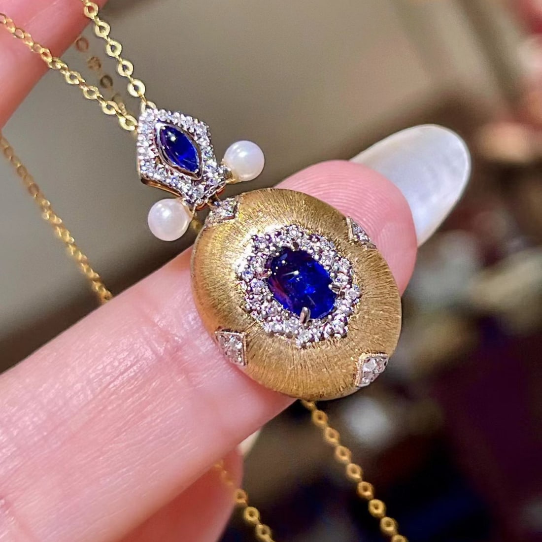 14k Gold 0.87 Ctw Natural Sapphire & Diamond Pendant( Without Chain ) - 2