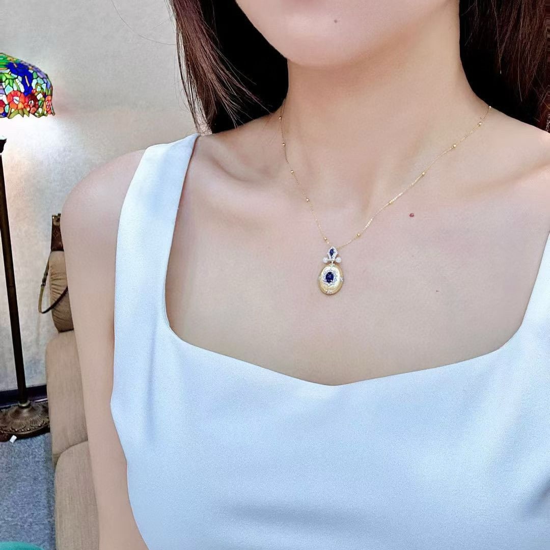 14k Gold 0.87 Ctw Natural Sapphire & Diamond Pendant( Without Chain ) - 4