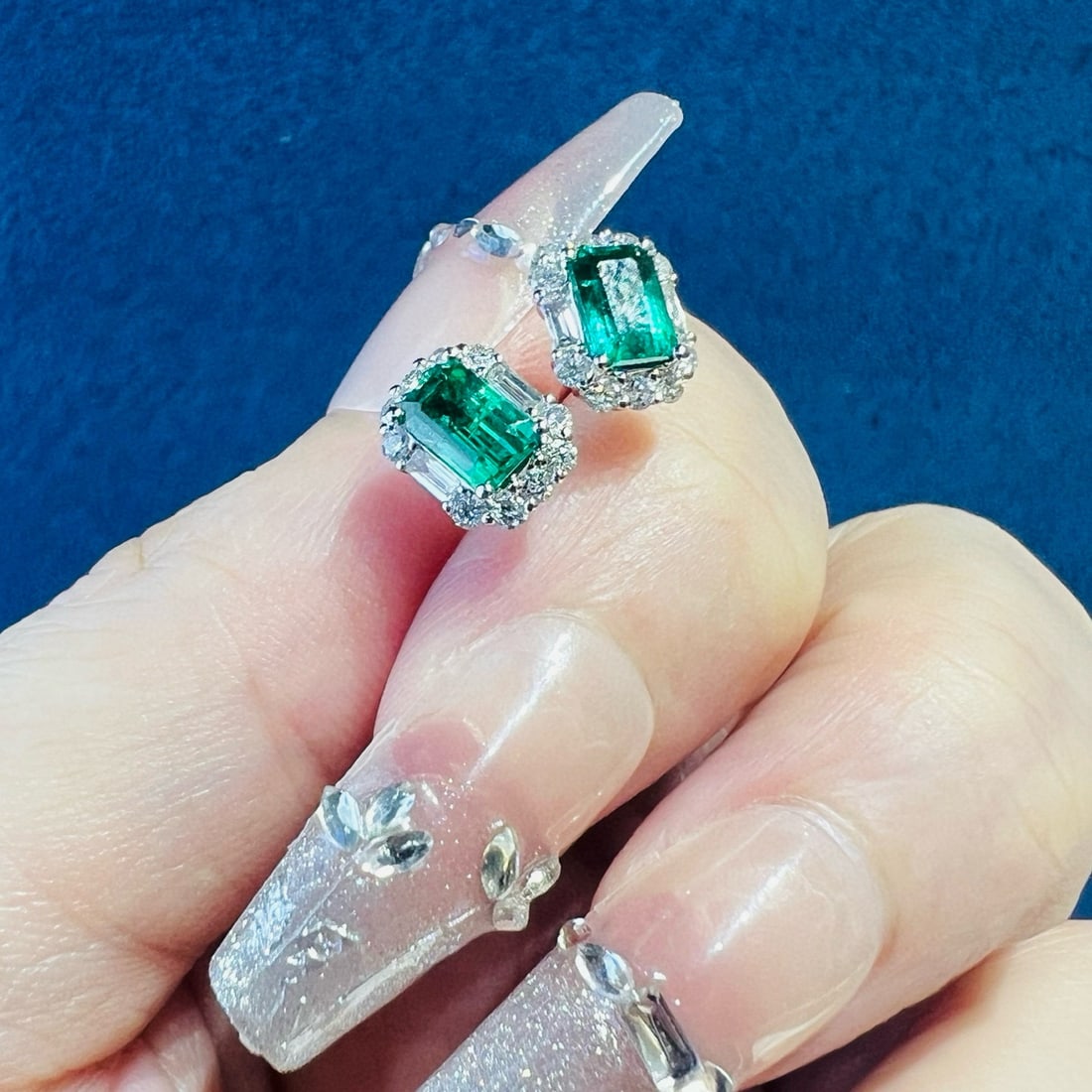 14k Gold 1 Ct Natural Emerald & Diamond Earrings - 2