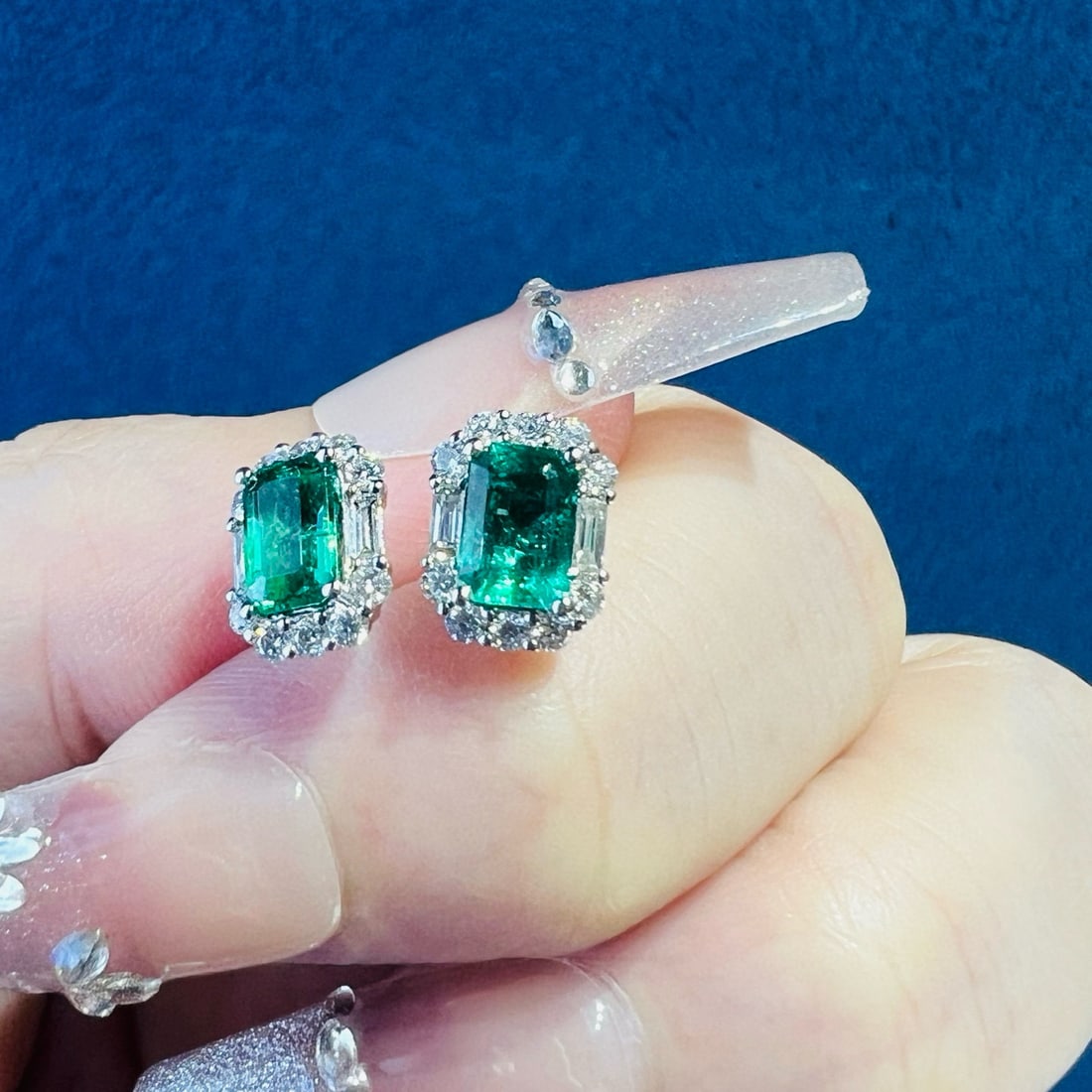 14k Gold 1 Ct Natural Emerald & Diamond Earrings - 5