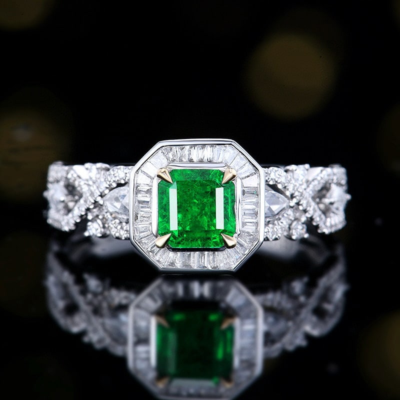 14k Gold 1.16 Ctw Vivid Green Natural Emerald & Diamond Ring: Ref:231070237 // gold content:14k gold // ring size:7. 25us // // main gemstone:emerald // shape:octagonal // carat weight:0. 67ct // color:vivid green // treatment:natural // // adjacent gemstone 2 :