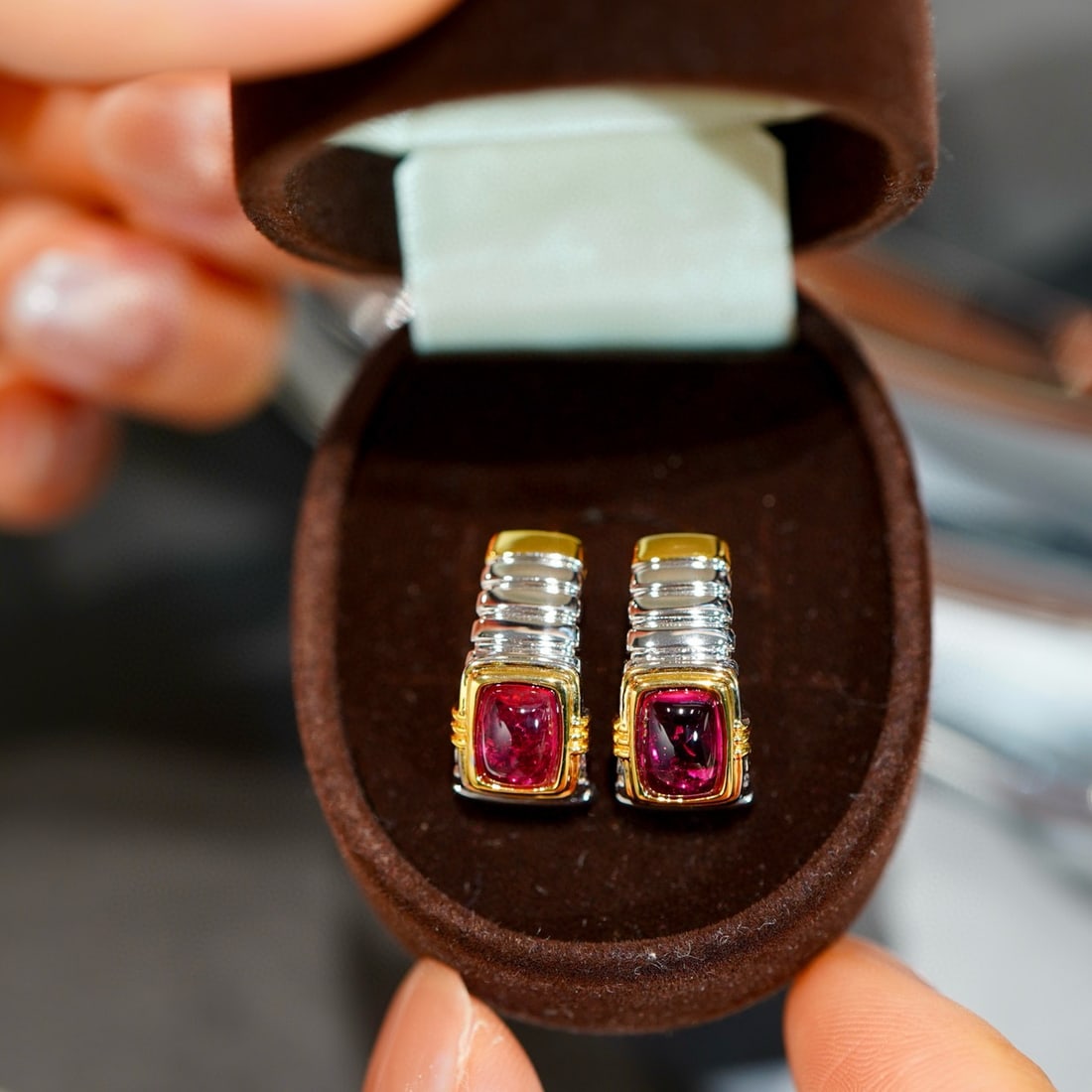 14k Gold 2.4 Ct Natural Tourmaline Earrings: Ref:231070260 // gold content:14k gold // main gemstone:tourmaline // shape:cushion // carat weight:2. 4ct // color:red // treatment:natural // Low Estimate: 4600 Condition: New High Estimate: 6900