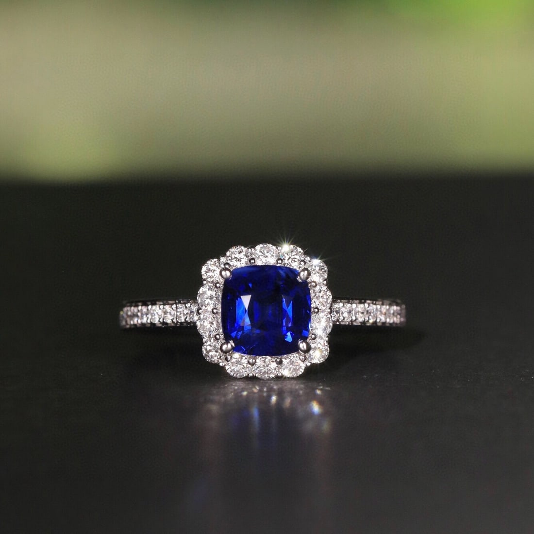 14k Gold 2.76 Ctw Natural Sapphire & Diamond Ring: Ref:231070263 // gold content:14k gold // ring size:7. 25us // // main gemstone:sapphire // shape:cushion // carat weight:2. 13ct // color:royal blue // treatment:natural // // adjacent gemstone 2 :