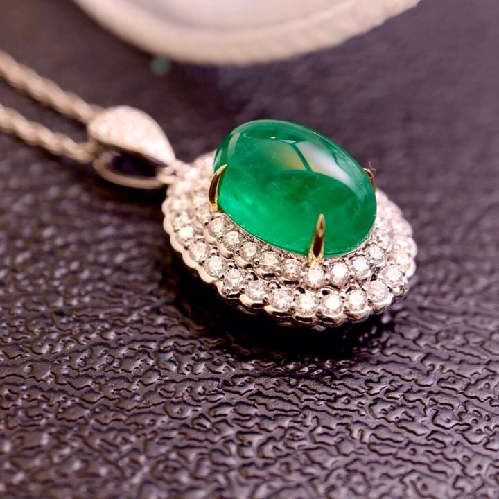 14k Gold 8.36 Ctw Vivid Green Natural Emerald & Diamond Pendant( Without Chain ) - 2