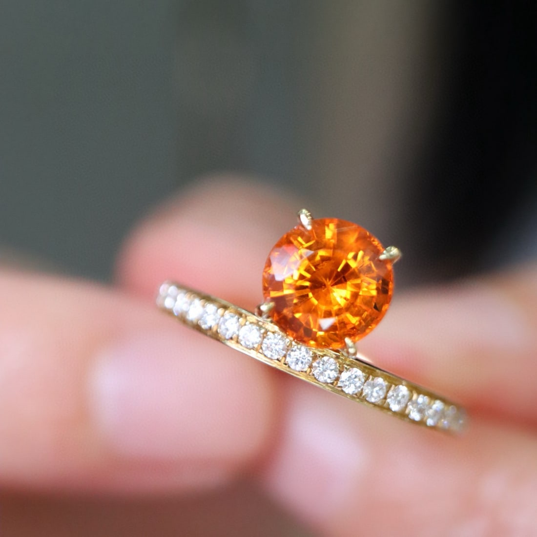14k Gold 1.49 Ctw Natural Spessartine & Diamond Ring: Ref:231070296 // gold content:14k gold // ring size:7. 25us // // main gemstone:spessartine // shape:round // carat weight:1. 28ct // color:orange // treatment:natural // cut grade:g // // adjacent