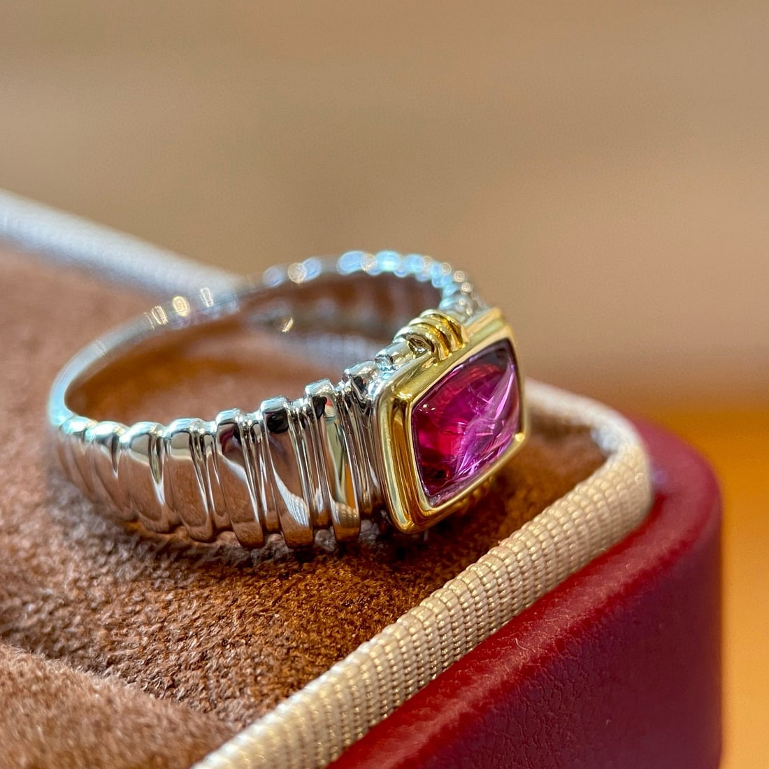 14k Gold 1 Ct Natural Tourmaline Ring: Ref:231070309 // gold content:14k gold // ring size:7. 25us // // main gemstone:tourmaline // shape:cushion // carat weight:1ct // color:red // treatment:natural // Low Estimate: 5700 Condition: New