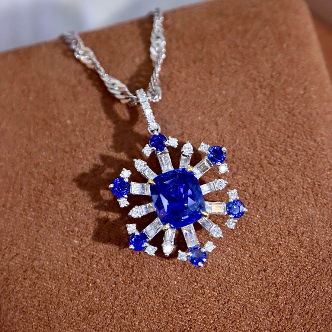 14k Gold 3.76 Ctw Natural Sapphire & Diamond Pendant( Without Chain ): Ref:231070318 // gold content:14k gold // main gemstone:sapphire // shape:cushion // carat weight:3. 10ct // color:blue // treatment:natural // // adjacent gemstone 2 : diamond // shape:multiple //
