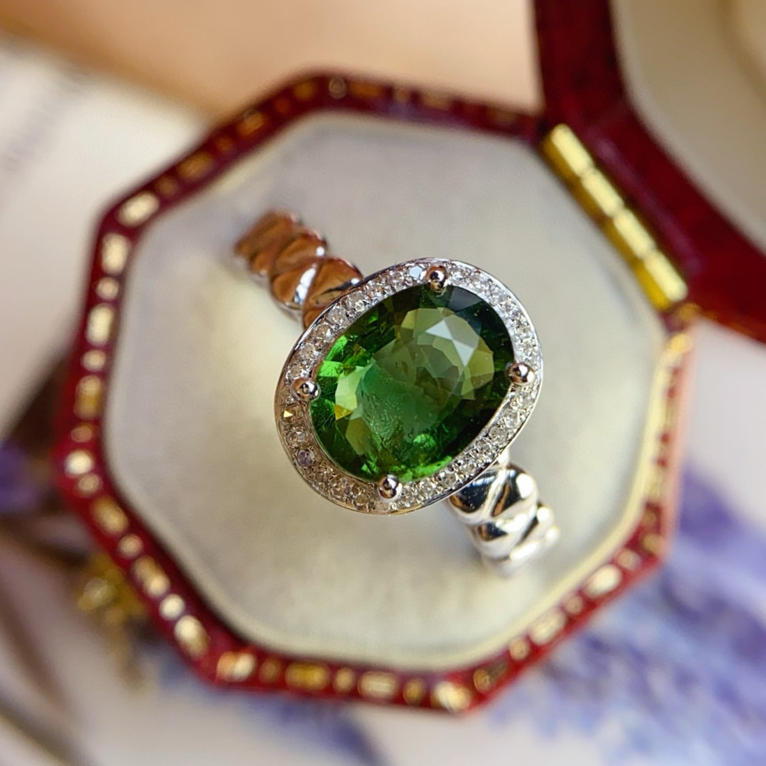 14k Gold 1.35 Ct Natural Tourmaline & Diamond Ring: Ref:231070336 // gold content:14k gold // ring size:7. 25us // // main gemstone:tourmaline // shape:oval // carat weight:1. 35ct // color:green // treatment:natural // // adjacent gemstone 2 :