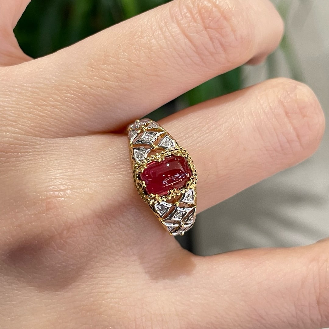 14k Gold 1.3 Ct Natural Tourmaline & Diamond Ring: Ref:231070353 // gold content:14k gold // ring size:7. 25us // // main gemstone:tourmaline // shape:cushion // carat weight:1. 3ct // color:red // treatment:natural // // adjacent gemstone 2 :