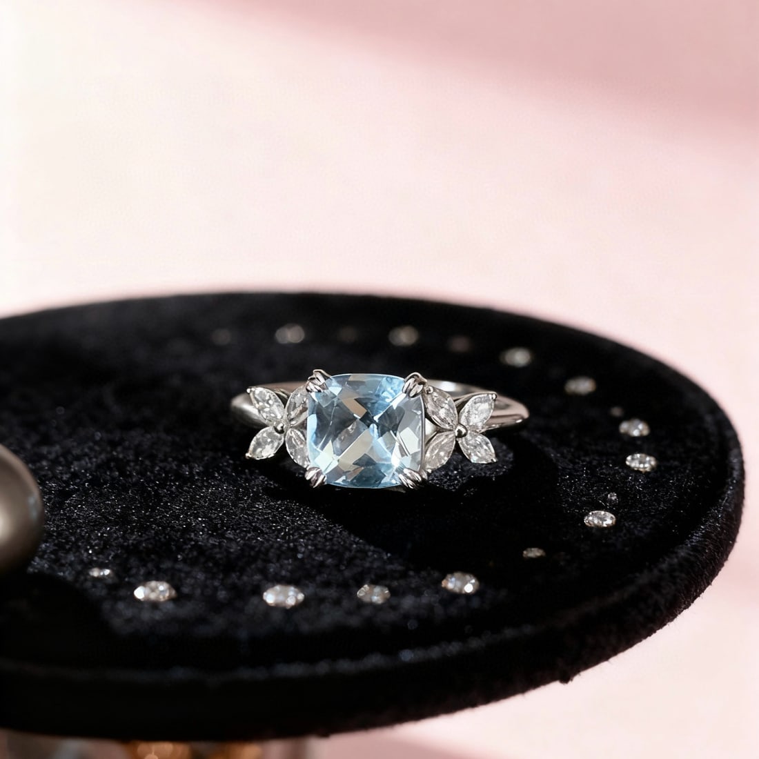 14k Gold 1.65 Ctw Natural Aquamarine & Diamond Ring: Ref:231070354 // gold content:14k gold // ring size:7. 25us // // main gemstone:aquamarine // shape:cushion // carat weight:1. 30ct // color:blue // treatment:natural // // adjacent gemstone 2 : diamo