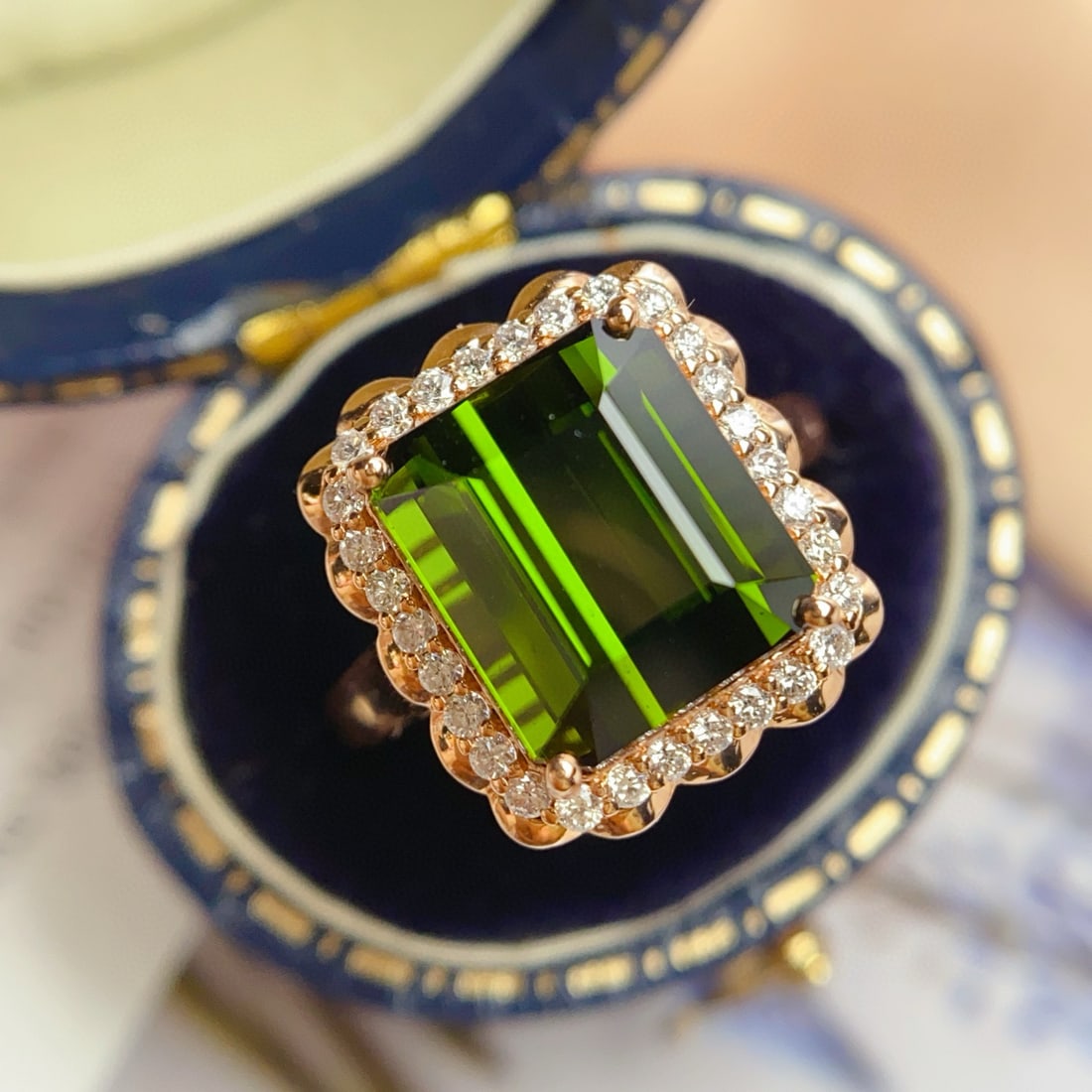 14k Gold 6.10 Ct Natural Tourmaline & Diamond Ring: Ref:231070357 // gold content:14k gold // ring size:7. 25us // // main gemstone:tourmaline // shape:octagonal // carat weight:6. 10ct // color:green // treatment:natural // // adjacent gemstone 2 :