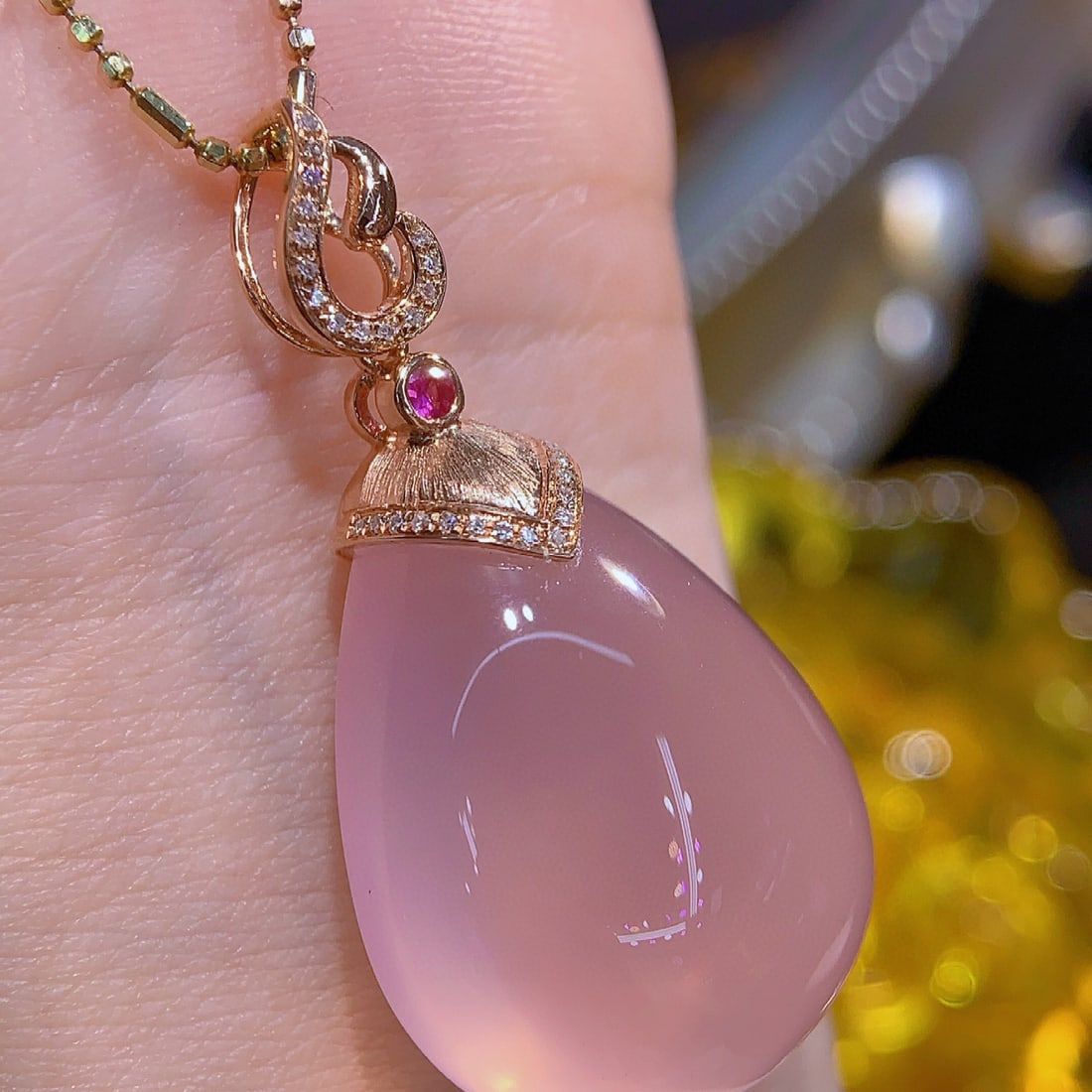 14k Gold 10.21 Ct Natural Rose Quartz & Diamond Pendant( Without Chain ) - 2