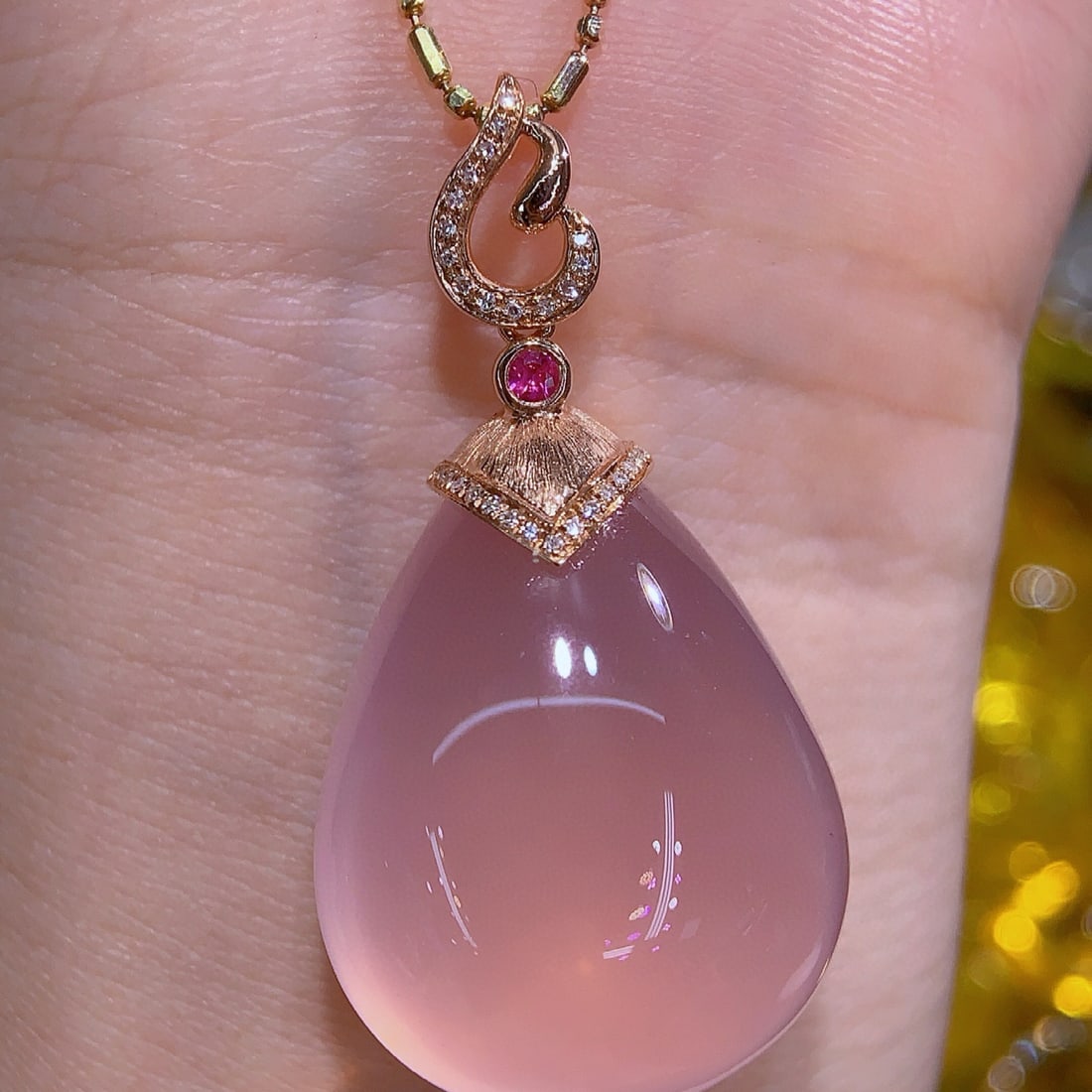 14k Gold 10.21 Ct Natural Rose Quartz & Diamond Pendant( Without Chain ) - 3